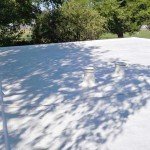 Dura-Foam sprayed foam roofing. Skylights and vents visable.